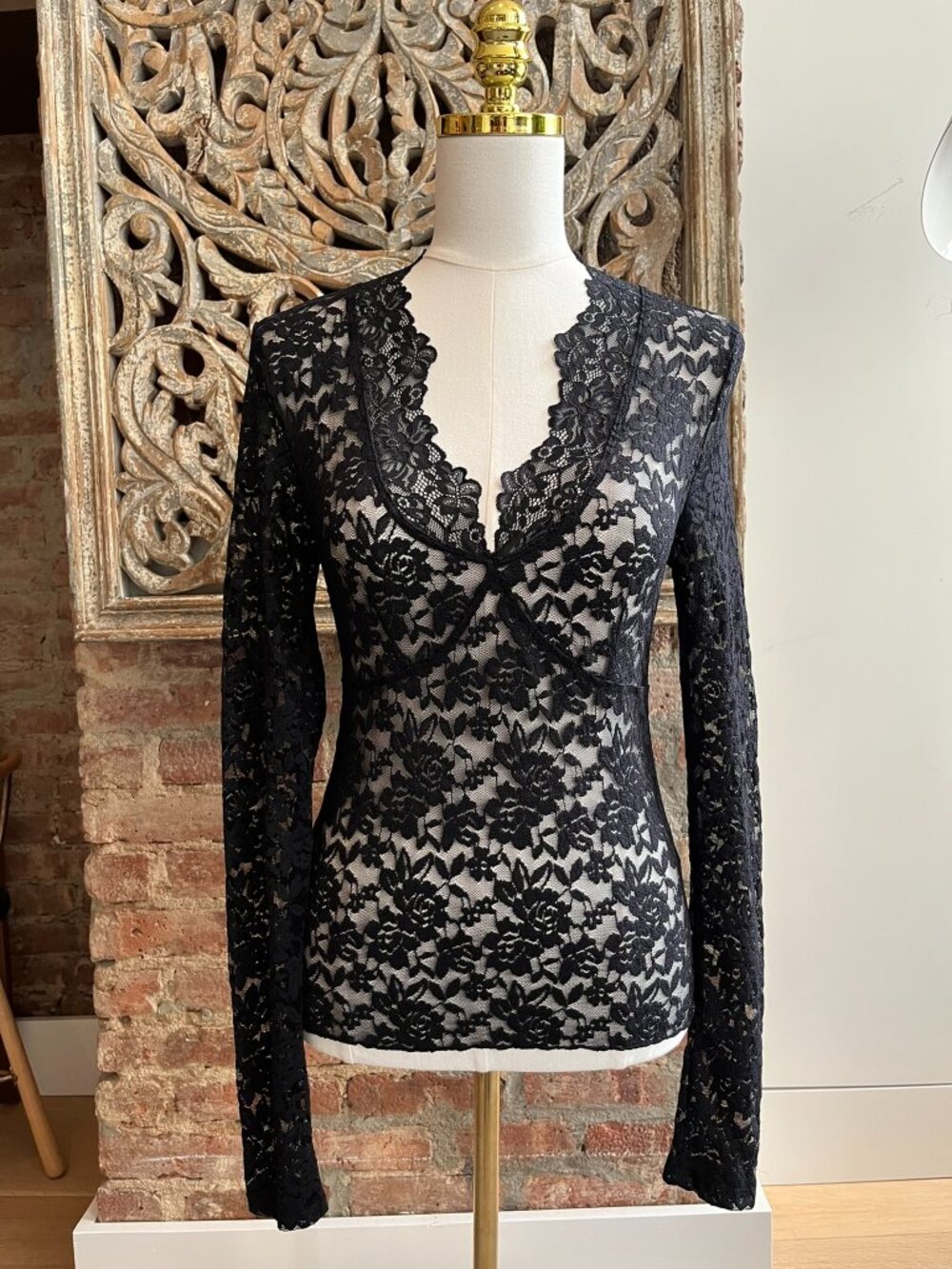 Intimately Free People Black Sheer Lace Long Sleeve Top - Small